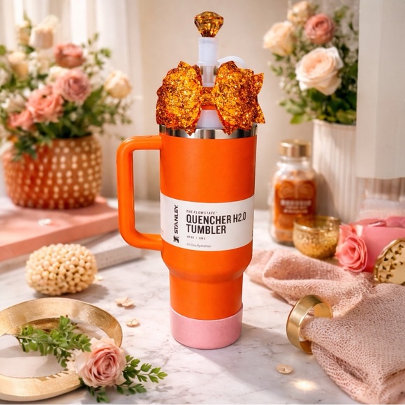 Stanley Other - Stanley Quencher H2.0 40oz Orange Tumbler Custom Glitter Bow & Gem Straw Topper